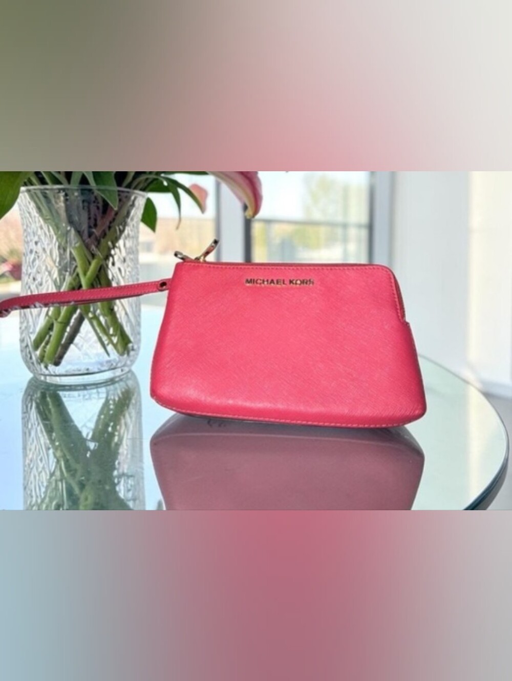 Michael Kors Hot Pink Jet Set Dual Compartment Saffiano Wristlet